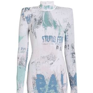 BALMAIN Logo Jacquard Turtleneck Mini Dress
